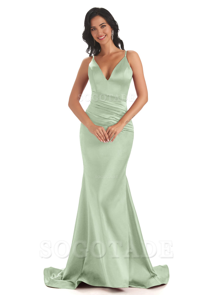 Mermaid Spaghetti V-Neck Straps Satin Long formal dresses evening gown Bridesmaid Dresses With Side Slit 