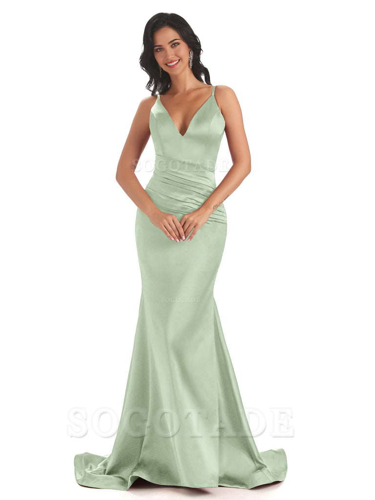 Mermaid Spaghetti V-Neck Straps Satin Long formal dresses evening gown Bridesmaid Dresses With Side Slit 