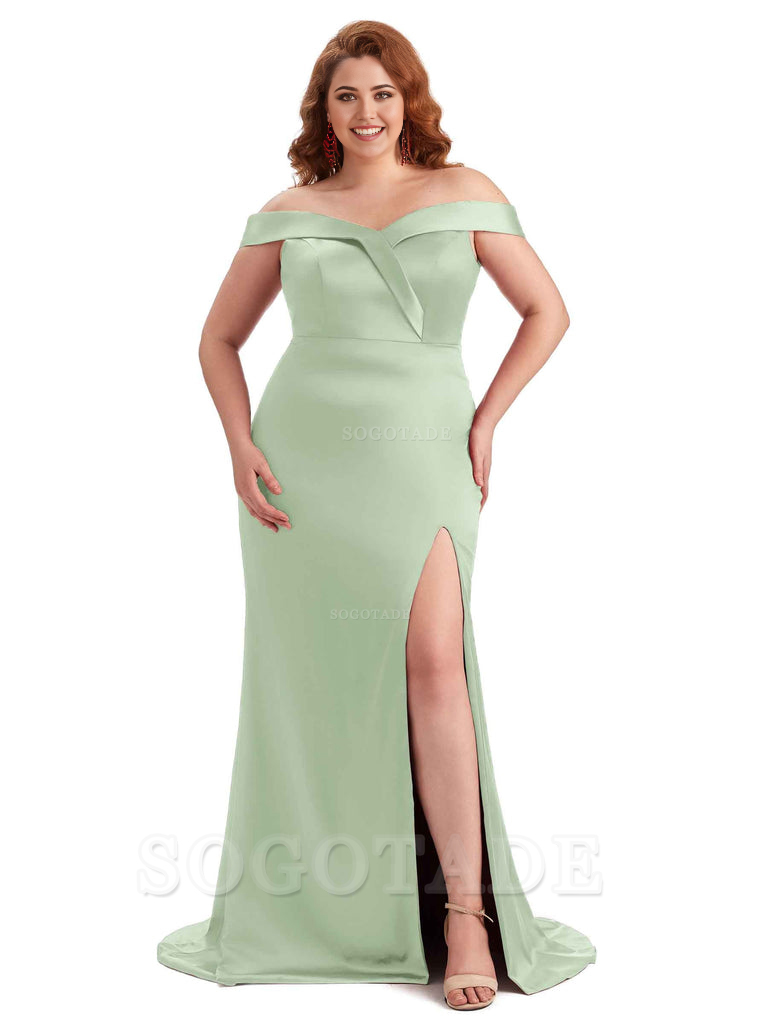 Elegant Off The Shoulder Sleeveless Side Slit Mermaid Soft Satin Long Plus Size Bridesmaid Gowns