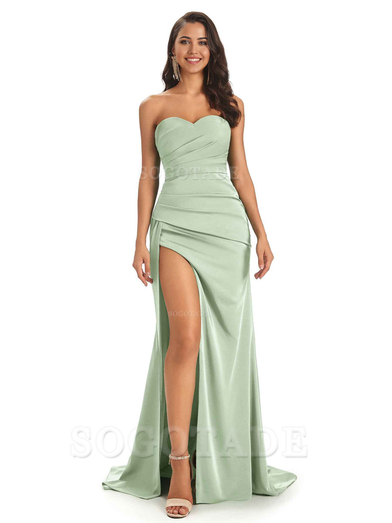 Mermaid Strapless Sweetheart Satin Long formal dresses evening gown Bridesmaid Dresses With Side Slit 