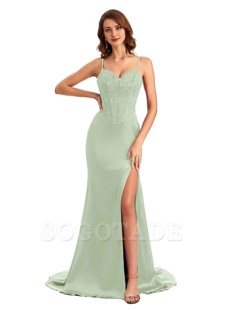 Sexy Side Slit Mermaid Silky Satin V-Neck Lace Unique Long Bridesmaid Dresses