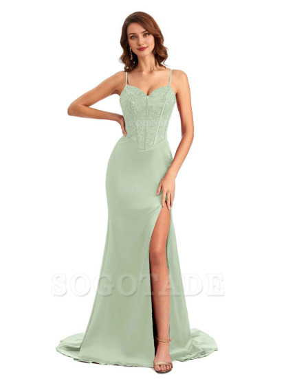 Sexy Side Slit Mermaid Silky Satin V-Neck Lace Unique Long Bridesmaid Dresses