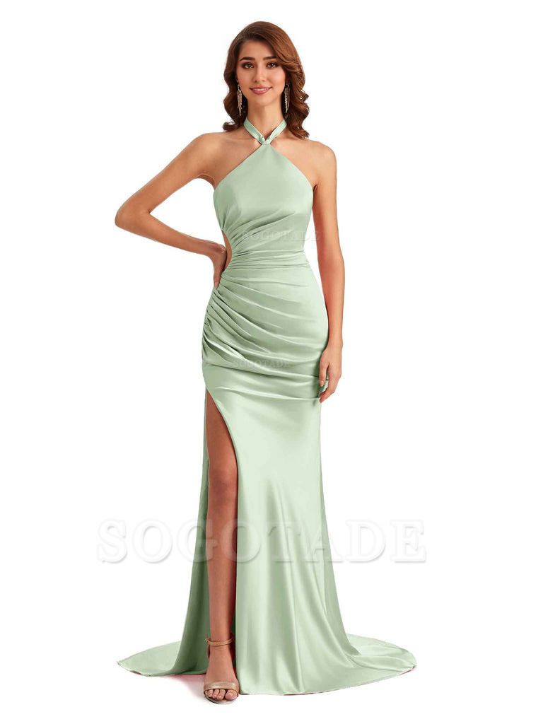 Sexy Halter Mermaid Silky Satin Unique Long Formal Wedding Guest Dresses