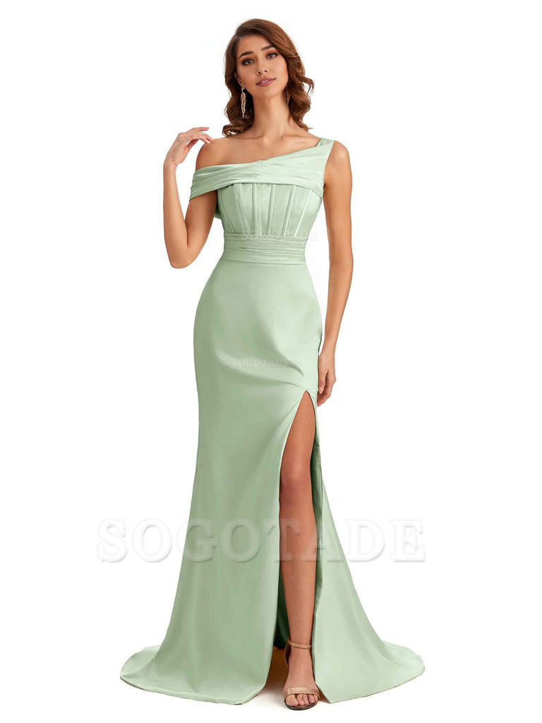 Elegant Asymmetrical Neck Soft Satin Side Slit Long Mermaid Bridesmaid Dresses