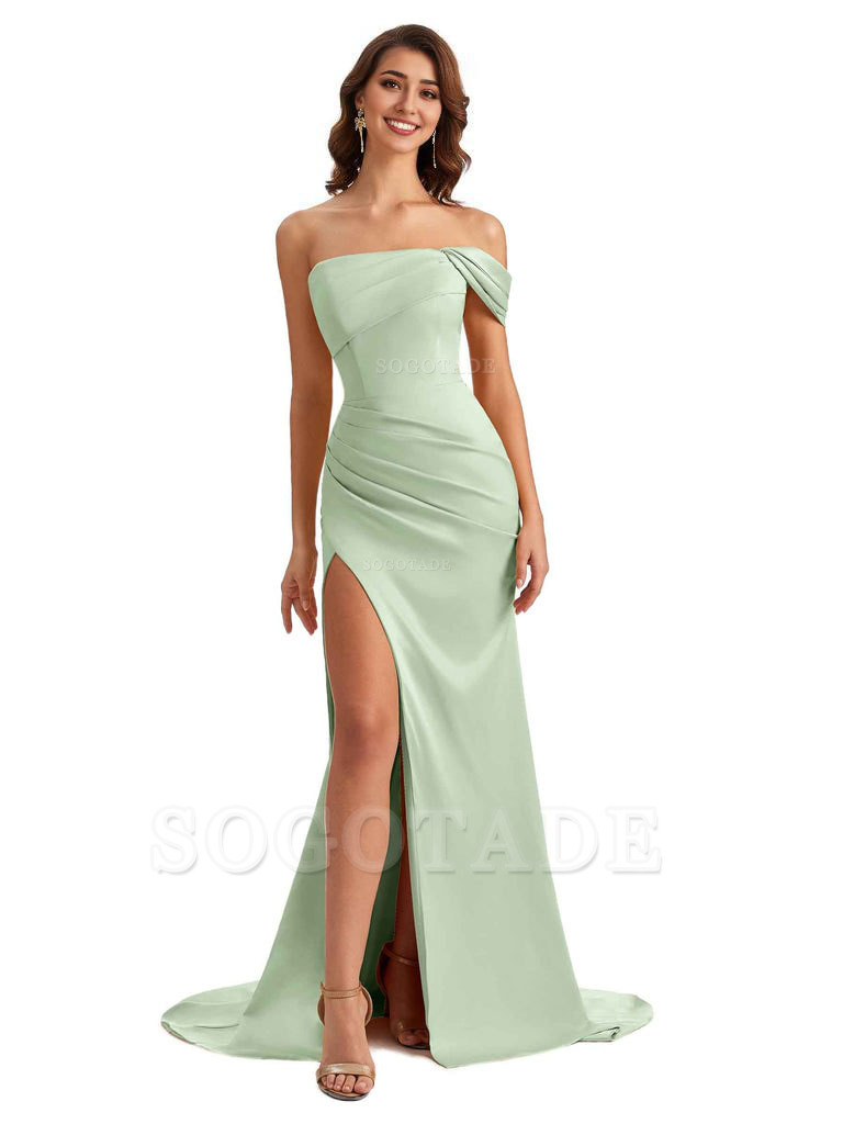 Unique One Shoulder Side Slit Satin Long Formal Dresses For Bridesmaid Dresses