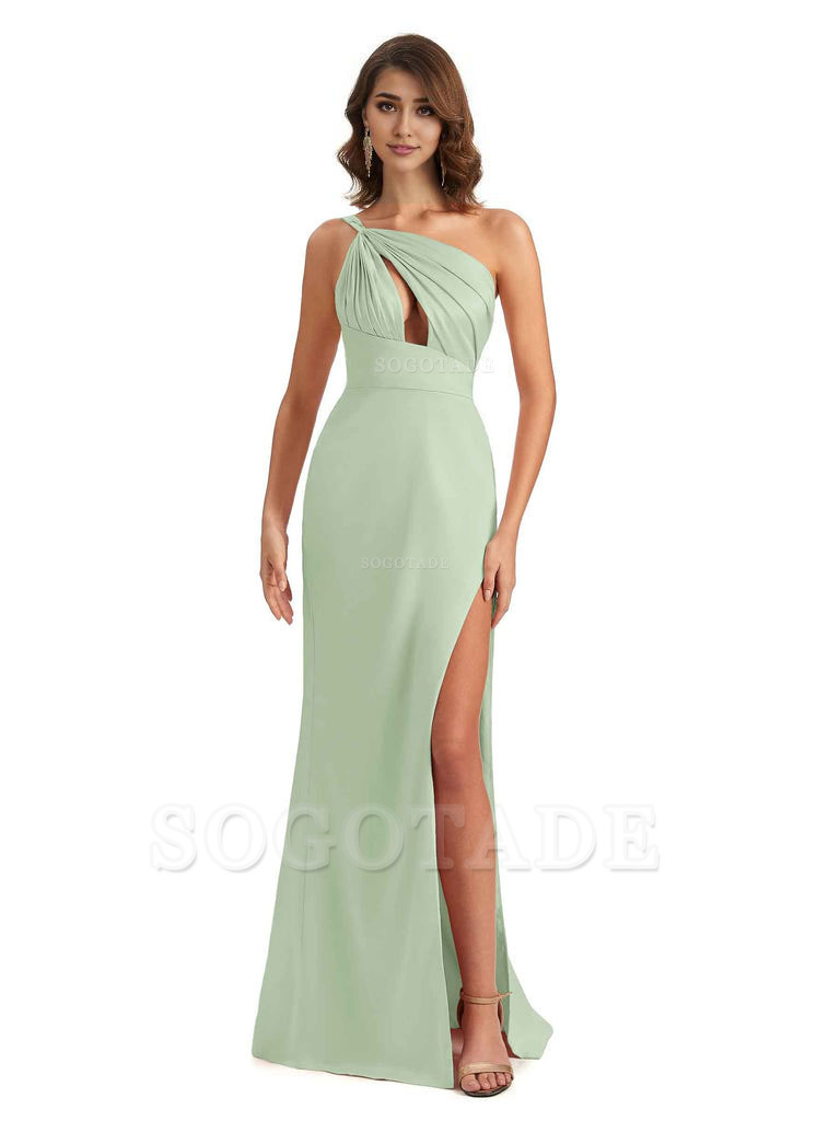 Sexy One Shoulder Silky Satin Unique Long Ladies Bridesmaid Dress For Wedding