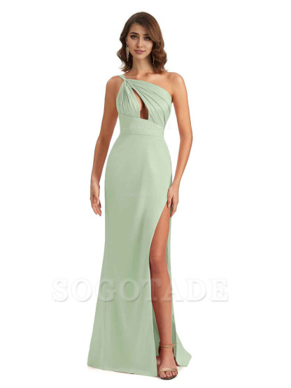 Sexy One Shoulder Silky Satin Unique Long Ladies Bridesmaid Dress For Wedding