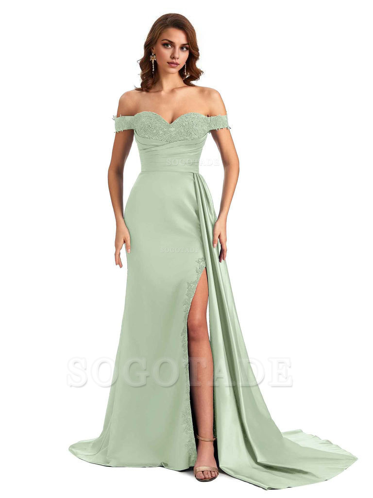 Sexy Off The Shoulder Mermaid Side Slit Silky Satin Long Bridesmaid Dress For Wedding