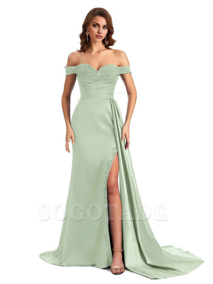 Sexy Off The Shoulder Mermaid Side Slit Silky Satin Long Bridesmaid Dress For Wedding