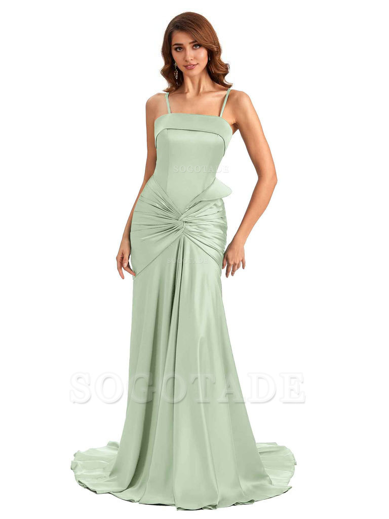 Sexy Mermaid Spaghetti Straps Silky Satin Unique Long Bridesmaid Dress For Wedding