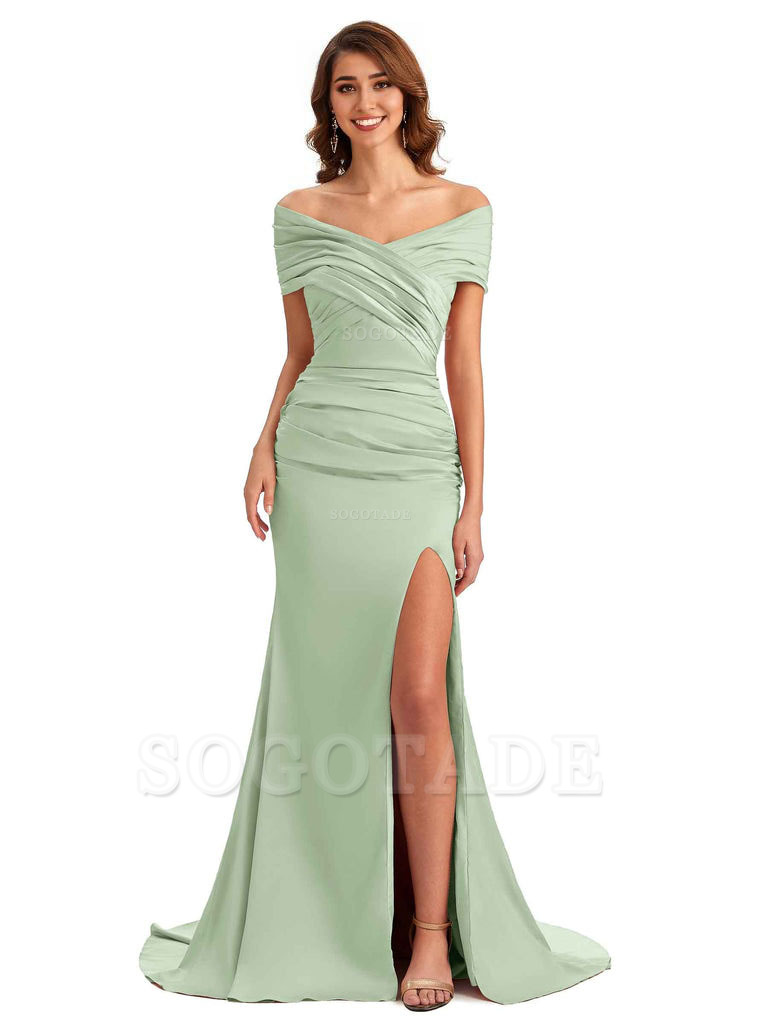 Sexy Off The Shoulder Side Slit Mermaid Satin Unique Long Formal Wedding Guest Dresses