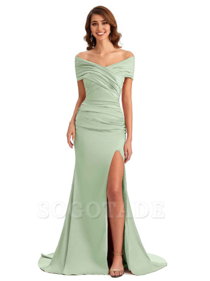 Sexy Off The Shoulder Side Slit Mermaid Satin Unique Long Formal Wedding Guest Dresses