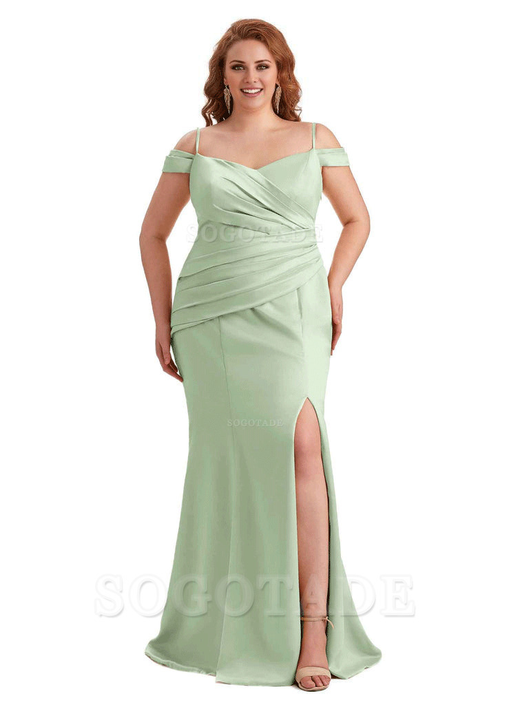 Elegant Cold Shoulder Side Slit Mermaid Soft Satin Long Plus Size Bridesmaid Gowns