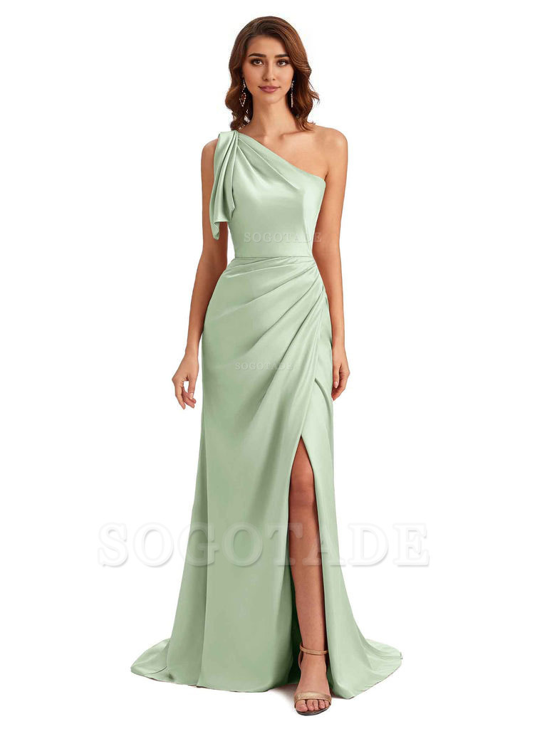 Sexy One Shoulder Mermaid Side Slit Unique Silky Satin Bridesmaid