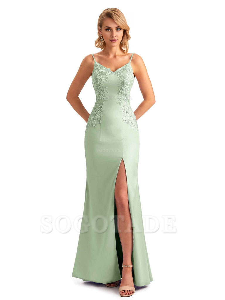 Sexy Side Split Mermaid Spaghetti Straps Soft Satin Unique Lace Long Bridesmaid Dresses