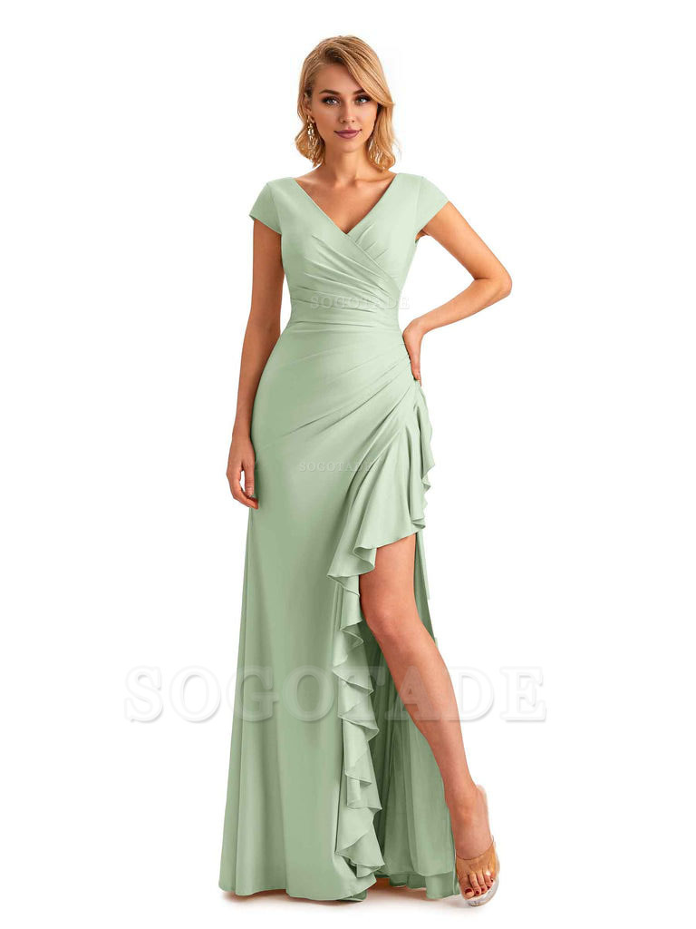 Sexy Side Slit Short Sleeves Mermaid Soft Satin Unique Long Maid Of Honor Dresses
