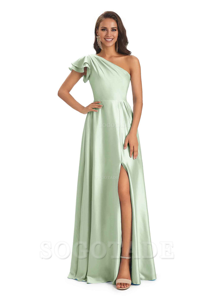 A-Line One Shoulder Ladies Long Bridesmaid Dresses Soft Satin Side Slit Elegant Evening Party Dress