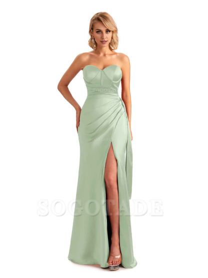 Sexy Side Slit Strapless Mermaid Soft Satin Unique Long Bridesmaid Dress For Wedding