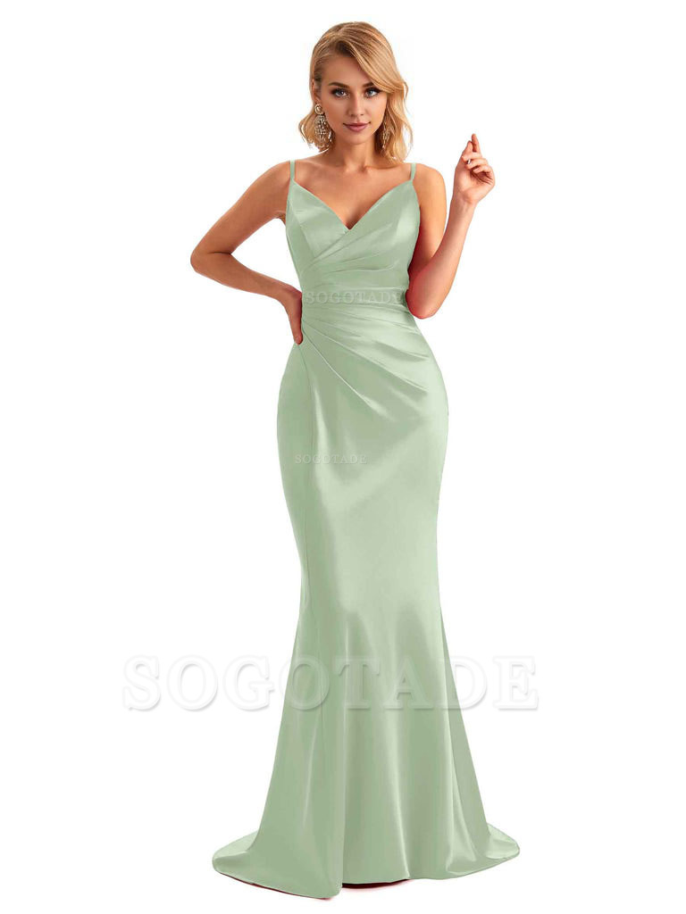  Sexy Backless Mermaid Spaghetti Straps Unique Long Formal Satin Dress For Women