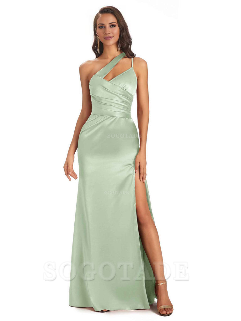 Elegant Soft Satin Side Slit One Shoulder Floor-Length Maxi Bridesmaid Dresses Evening Party Dress