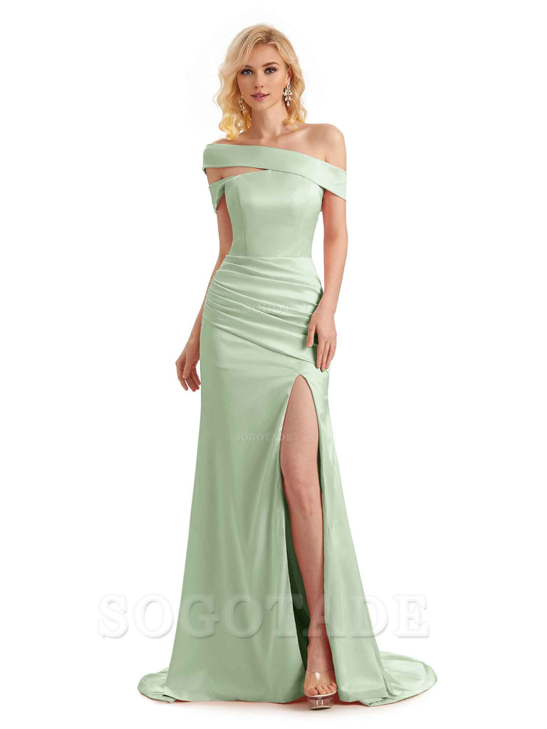 Elegant Asymmetrical Unique Soft Satin Side Slit Long Mermaid Bridesmaid Dresses Charming Evening Party Dress