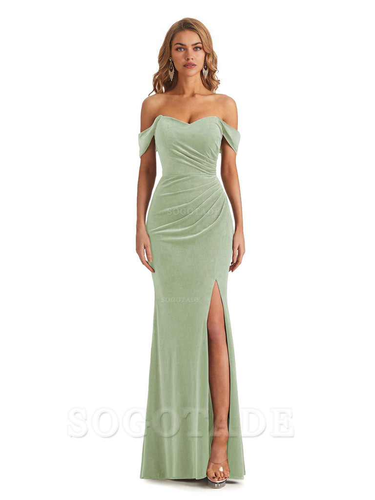 Elegant Mermaid Off Shoulder Pleats Velvet Side Slit Long Bridesmaid Dresses Evening Party Dress