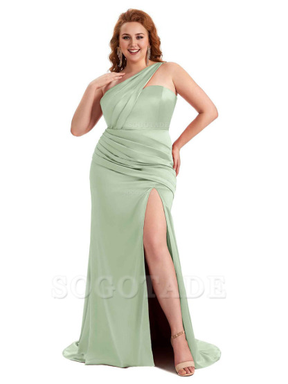 Sexy Side Slit One Shoulder Mermaid Soft Satin Long Plus Size Matron of Honor Dress For Wedding
