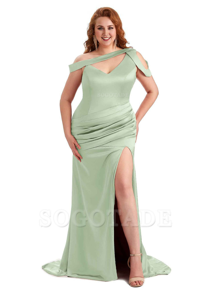 Sexy V-Neck Side Slit Unique Mermaid Soft Satin Long Plus Size Bridesmaid Dress For Wedding