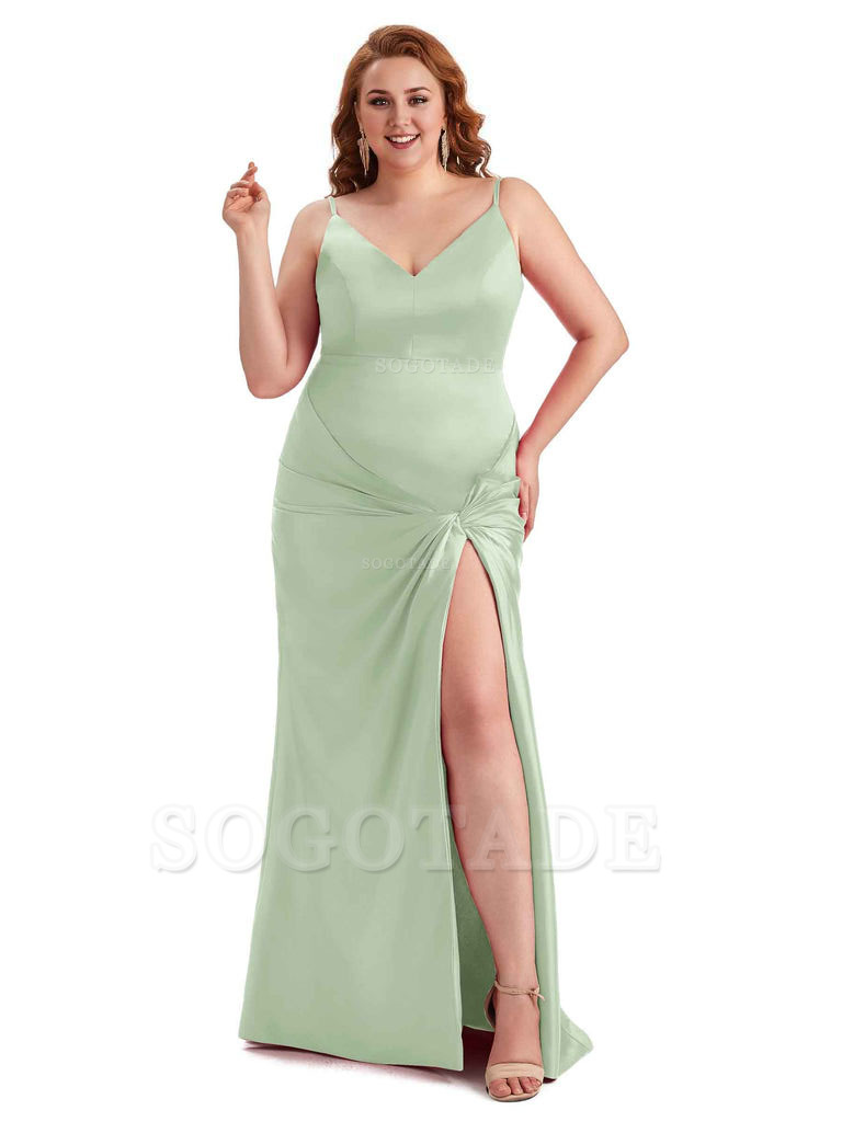 Sexy Spaghetti Straps V-neck Side Slit Mermaid Soft Satin Long Plus Size Bridesmaid Dress