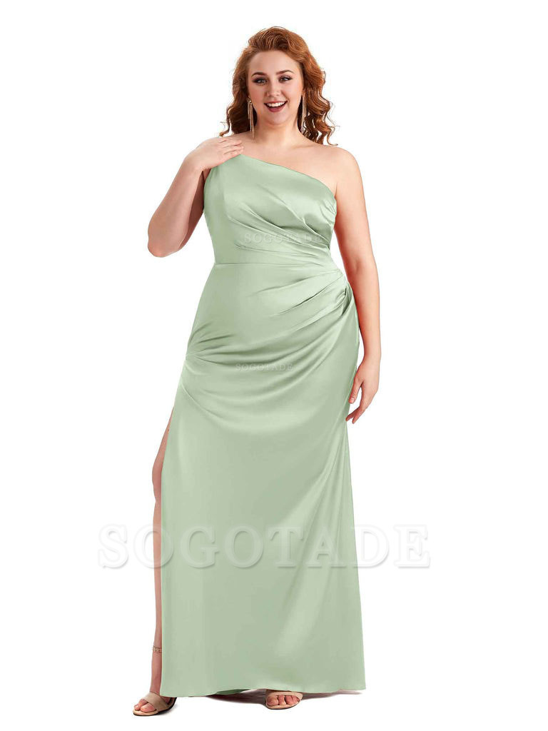 Sexy Side Slit One Shoulder Mermaid Soft Satin Long Plus Size Maid of Honour Dresses