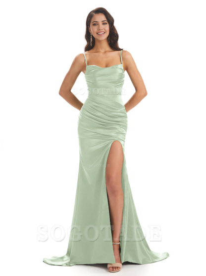 Mermaid Spaghetti Straps Satin Side Slit formal dresses evening gown Bridesmaid Dresses