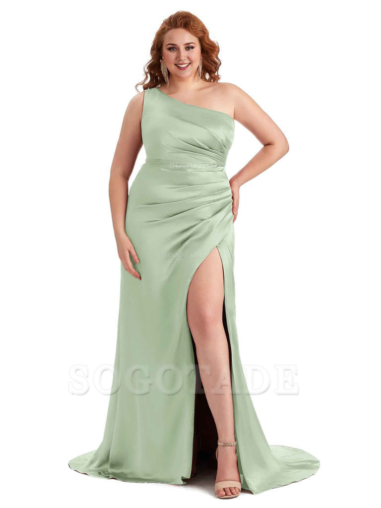 Sexy One Shoulder Side Slit Mermaid Soft Satin Long Plus Size Maid of Honor Dress For Wedding