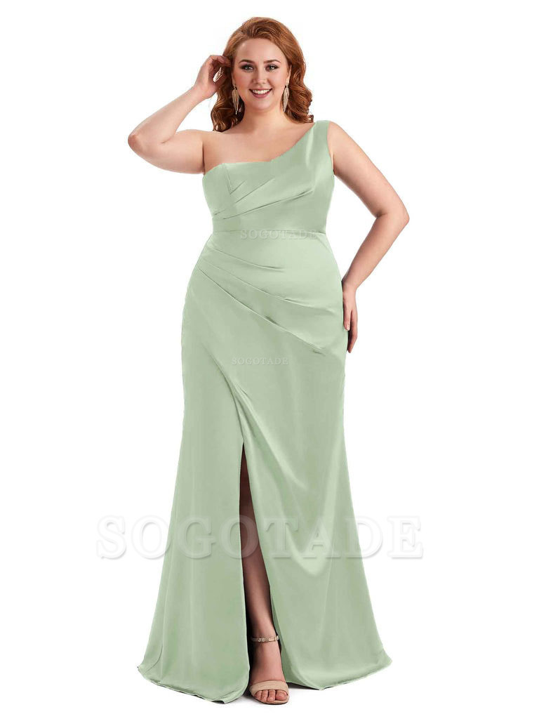 Sexy Side Slit One Shoulder Mermaid Long Plus Size Satin Maxi Dresses
