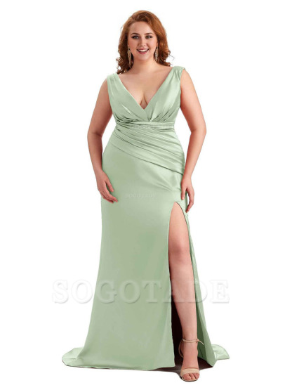Elegant V-neck Side Slit Mermaid Soft Satin Long Plus Size Bridesmaid Dress For Wedding