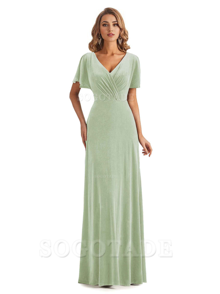 Elegant Mermaid V-neck Short Sleeves Unique Velvet Long Bridesmaid Dresses