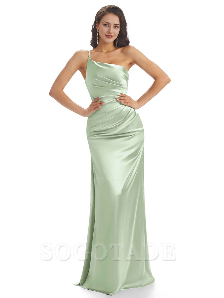Sexy Soft Satin One Shoulder Side Slit Mermaid Long Bridesmaid Dresses prom dress shop ﻿