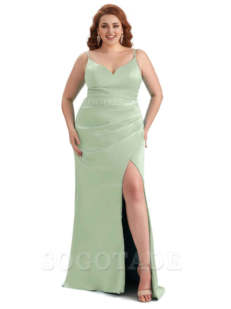 Sexy Side Slit Spaghetti Straps Mermaid Soft Satin Long Plus Size Maid of Honor Dresses