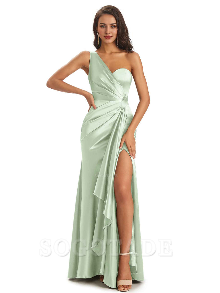 Elegant Soft Satin Side Slit One Shoulder Unique Mermaid Bridesmaid Dresses Online prom dresses shops