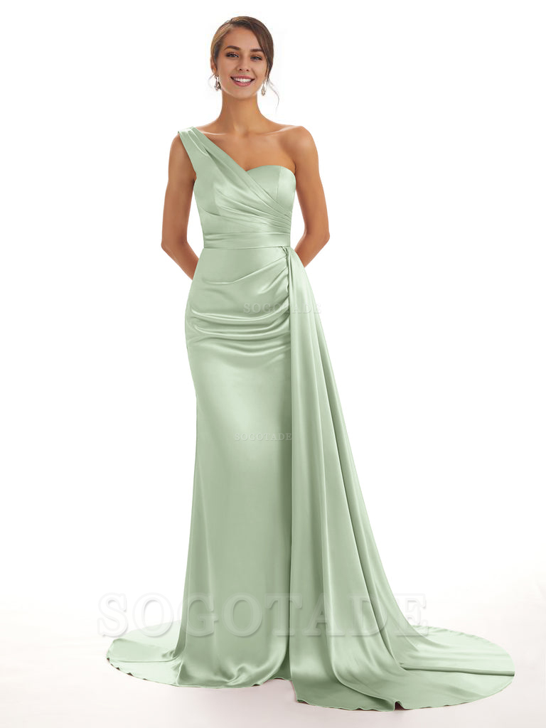 Elegant One Shoulder Soft Satin Unique Mermaid Long Bridesmaid Dresses Online prom dresses shops