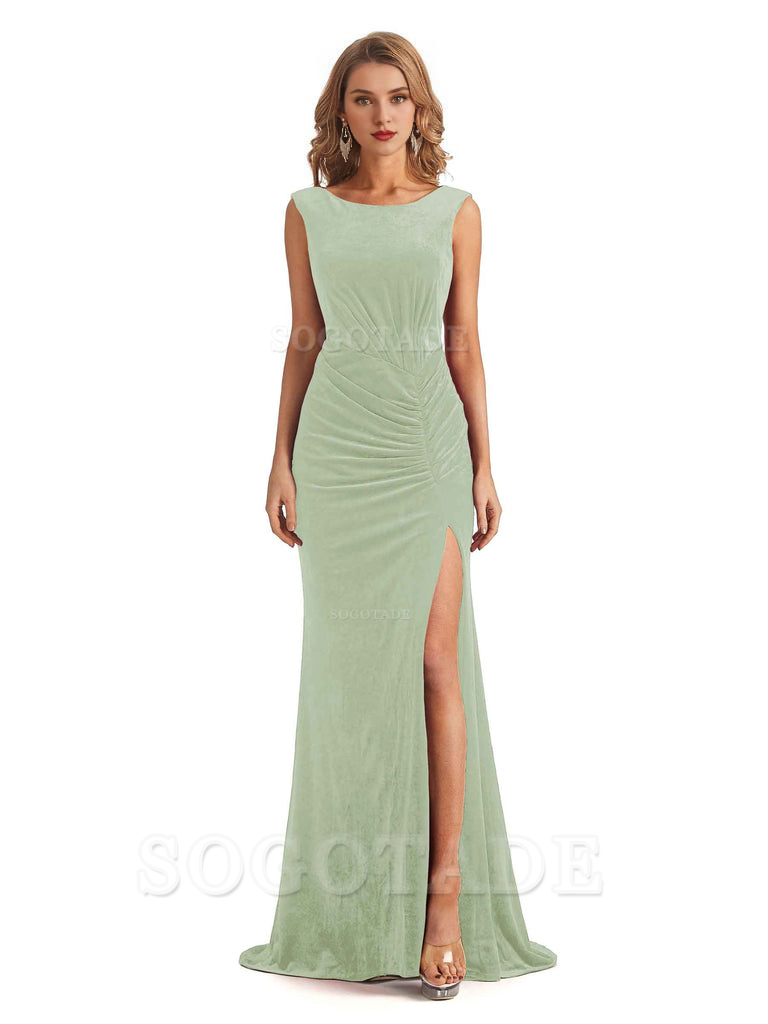 Sexy Open Back Mermaid Velvet Jewel High Split Maxi Long Bridesmaid Dresses Online