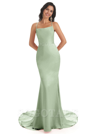 Mermaid Spaghetti Backless Straps Satin Long formal dresses evening gown Bridesmaid Dresses