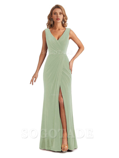 Sexy Deep V-Neck Sheath Velvet Side Slit Long Elegant Bridesmaid Dresses Formal Women's Dresses Wedding Guests Dresses