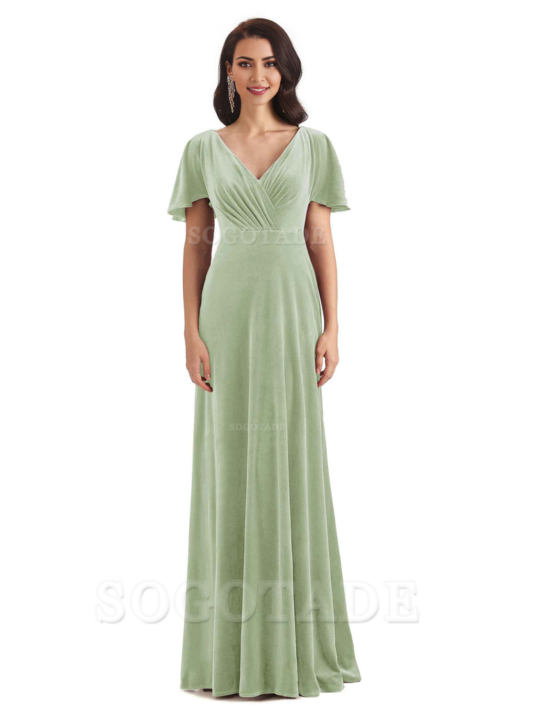 V-Neck Sexy See Through Short Sleeves Lace up Velvet Long Bridesmaid Dresses Formal Women's Dresses Wedding Guests Dresses