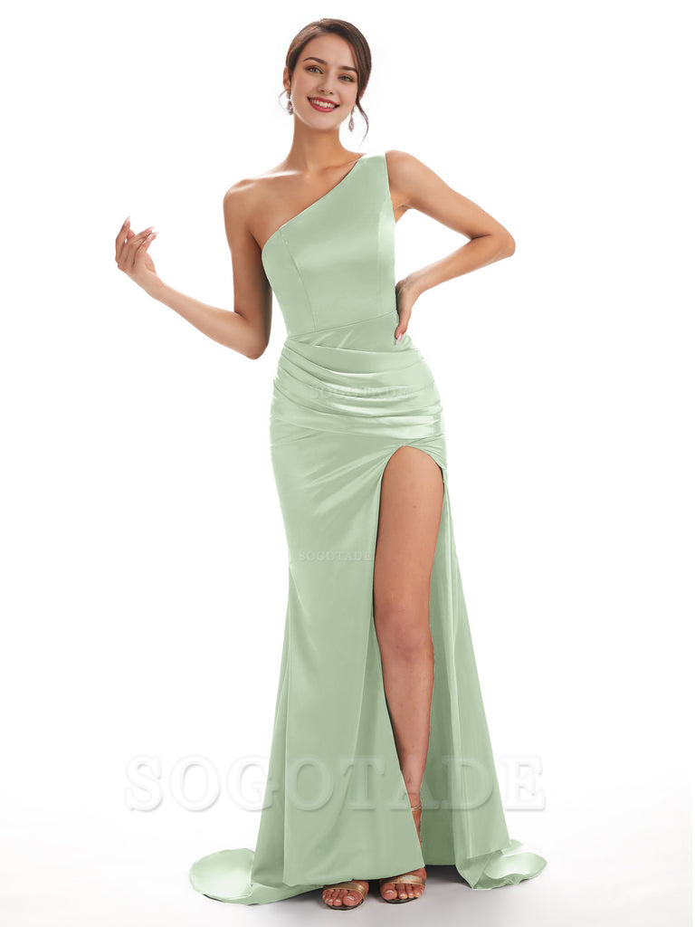 Sexy Soft Satin Side Slit One Shoulder Long Mermaid Bridesmaid Dresses Online prom shop dresses ﻿