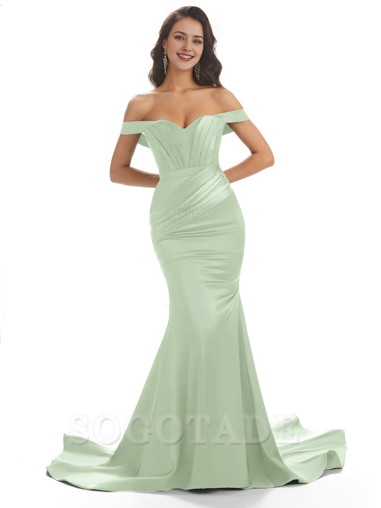 Sexy Mermaid Off The Shoulder Floor-Length Long Soft Satin Bridesmaid Dresses Online prom shop dresses