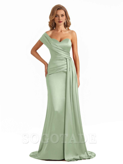 Elegant One Shoulder Soft Satin Long Mermaid Bridesmaid Dresses Online prom shop dresses ﻿