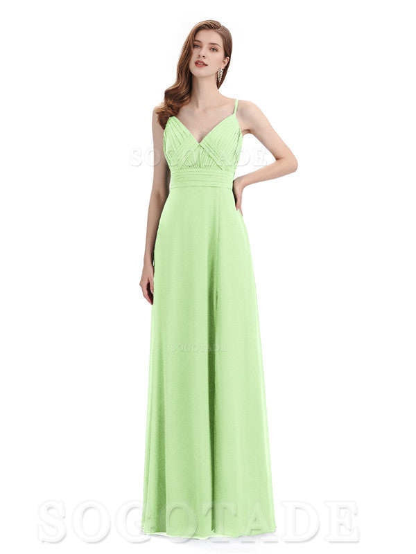 Chiffon V-Neck Spaghetti Strap Floor-Length Side Fork Long Bridesmaid Dresses Formal Women's Dresses Wedding Guests Dresses