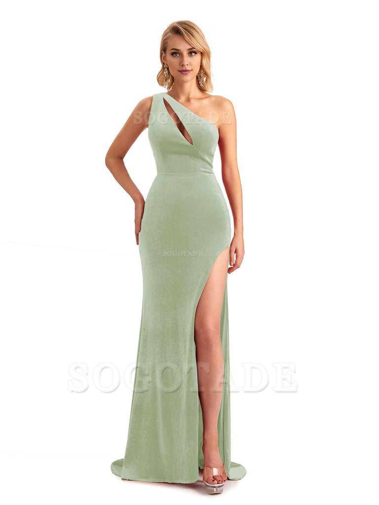 Sexy Sleeveless Floor Length Mermaid One Shoulder Side Slit Velvet Long Bridesmaid Dresses