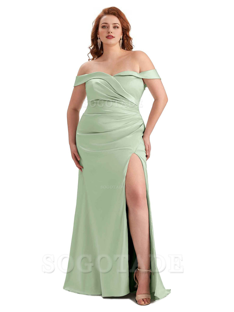Sexy Side Slit Off Shoulder Mermaid Soft Satin Long Plus Size Bridesmaid Gowns For Wedding