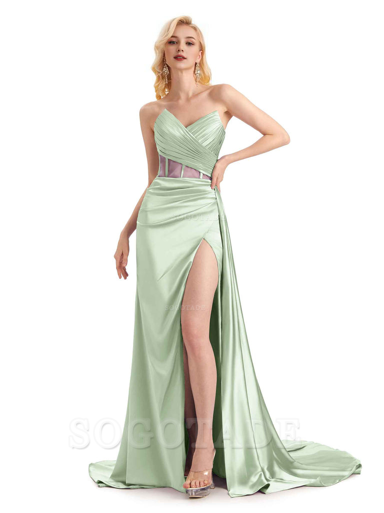 Sexy Soft Satin Side Slit See Through Floor-Length Long Mermaid Bridesmaid Dresses prom shop dresses